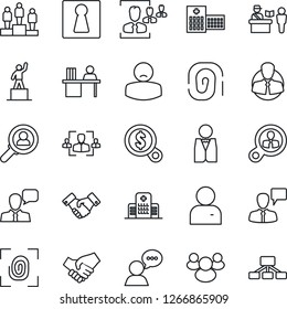 Thin Line Icon Set - passport control vector, female, handshake, speaking man, pedestal, hospital, patient, client, speaker, group, user, hr, manager desk, waiter, fingerprint, consumer search