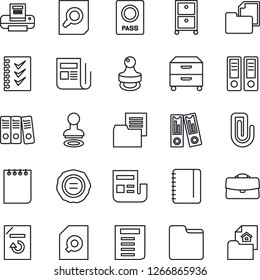 Thin Line Icon Set - passport vector, stamp, office binder, document search, notepad, reload, folder, news, case, paper clip, checklist, printer, archive box, estate