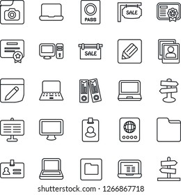 Thin Line Icon Set - passport vector, identity, office binder, notebook pc, signpost, monitor, laptop, folder, notes, photo gallery, presentation board, sale, pass card, certificate, guidepost