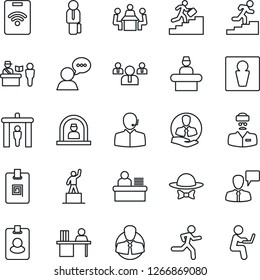 Thin Line Icon Set - passport control vector, security gate, male, reception, speaking man, pedestal, team, run, doctor, client, speaker, identity card, support, manager desk, meeting, career ladder