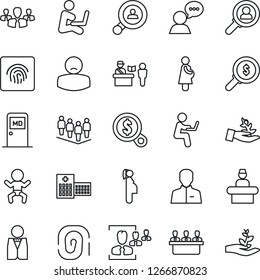 Thin Line Icon Set - passport control vector, baby, reception, medical room, team, hospital, patient, pregnancy, speaker, user, fingerprint id, hr, meeting, client search, waiter, consumer, group