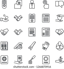 Thin Line Icon Set - passport vector, ladder car, handshake, document, garden fork, glove, saw, heart hand, client, touch screen, finger down, contract, estate, waiter, remote control, investment
