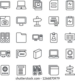 Thin Line Icon Set - passport vector, office binder, notebook pc, document, pulse clipboard, monitor, laptop, folder, photo gallery, presentation board, blank box, sale, pass card, certificate