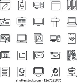 Thin Line Icon Set - passport vector, identity, office binder, notebook pc, document, signpost, monitor, laptop, folder, notes, photo gallery, presentation board, blank box, sale, pass card
