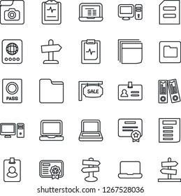 Thin Line Icon Set - passport vector, identity, office binder, notebook pc, document, pulse clipboard, signpost, laptop, folder, photo gallery, blank box, sale, pass card, certificate, guidepost
