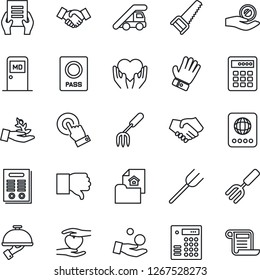 Thin Line Icon Set - passport vector, ladder car, medical room, handshake, document, garden fork, farm, glove, saw, heart hand, touch screen, finger down, contract, estate, waiter, combination lock