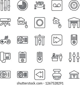 Thin Line Icon Set - passport control vector, security gate, radar, stamp, gamepad, settings, remote, fast forward, rewind, record, air conditioner, vip zone, home, intercome, garage