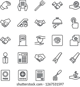 Thin Line Icon Set - passport vector, ladder car, medical room, handshake, document, garden fork, farm, glove, saw, heart hand, touch screen, fingerprint id, contract, estate, waiter, investment