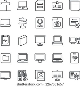 Thin Line Icon Set - passport vector, identity, office binder, notebook pc, document, pulse clipboard, signpost, monitor, laptop, folder, photo gallery, presentation board, blank box, pass card