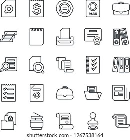 Thin Line Icon Set - passport vector, stamp, contract, office binder, document search, notepad, reload, receipt, news, folder, checklist, paper, tray, copier, estate, case, certificate