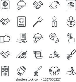 Thin Line Icon Set - passport vector, ladder car, handshake, document, garden fork, farm, glove, heart hand, client, touch screen, finger up, fingerprint id, waiter, remote control, palm sproute