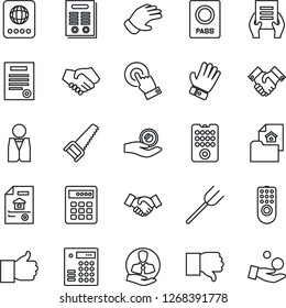 Thin Line Icon Set - passport vector, handshake, document, farm fork, glove, saw, client, touch screen, finger up, down, contract, estate, waiter, remote control, combination lock, investment