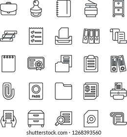 Thin Line Icon Set - passport vector, contract, office binder, document search, notepad, printer, receipt, folder, clipboard, paper clip, checklist, tray, archive box, copier, stamp, case
