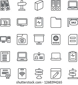 Thin Line Icon Set - passport vector, identity, office binder, notebook pc, document, pulse clipboard, signpost, monitor, laptop, folder, notes, photo gallery, presentation board, blank box, sale