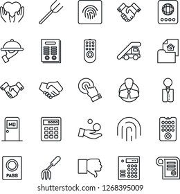 Thin Line Icon Set - passport vector, ladder car, medical room, handshake, garden fork, farm, heart hand, client, touch screen, finger down, fingerprint id, contract, estate document, waiter