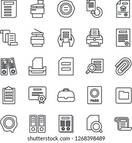 Thin Line Icon Set - passport vector, contract, office binder, document search, reload, stamp, folder, clipboard, paper clip, printer, tray, copier, estate, case, certificate