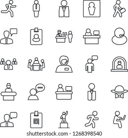 Thin Line Icon Set - passport control vector, male, reception, manager, speaking man, pedestal, team, place, run, support, speaker, identity card, meeting, waiter, dress code, pass, with notebook