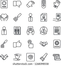 Thin Line Icon Set - passport vector, handshake, document, garden fork, glove, saw, heart hand, client, touch screen, finger up, down, fingerprint id, contract, estate, waiter, remote control