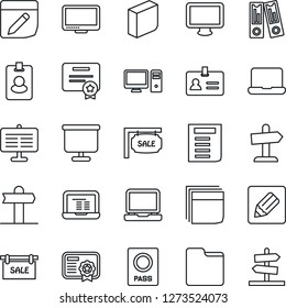 Thin Line Icon Set - passport vector, identity, office binder, notebook pc, document, signpost, monitor, laptop, folder, notes, presentation board, blank box, sale, pass card, certificate, guidepost