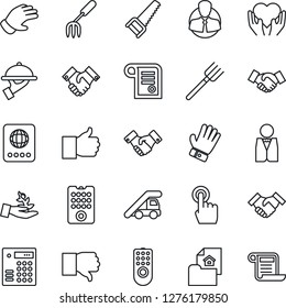Thin Line Icon Set - passport vector, ladder car, handshake, garden fork, farm, glove, saw, heart hand, client, touch screen, finger up, down, estate document, waiter, remote control, palm sproute