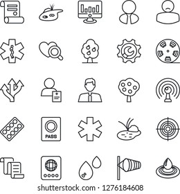 Thin Line Icon Set - passport vector, wind, contract, statistic monitor, pond, heart diagnostic, pills blister, ambulance star, patient, route, reel, antenna, root setup, target, fruit tree, water