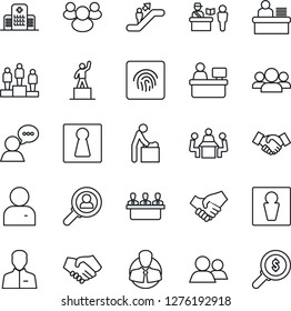 Thin Line Icon Set - passport control vector, escalator, male, female, baby room, handshake, pedestal, manager place, hospital, client, speaker, group, user, fingerprint id, desk, meeting, money