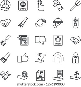 Thin Line Icon Set - passport vector, document, garden fork, farm, glove, saw, heart hand, client, touch screen, finger up, down, fingerprint id, handshake, estate, waiter, remote control, contract