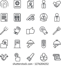 Thin Line Icon Set - passport vector, ladder car, medical room, farm fork, glove, saw, client, touch screen, finger up, fingerprint id, handshake, contract, estate document, waiter, remote control