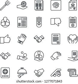 Thin Line Icon Set - passport vector, ladder car, handshake, document, farm fork, glove, heart hand, client, finger up, down, fingerprint id, contract, estate, waiter, remote control, investment