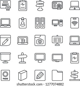 Thin Line Icon Set - passport vector, office binder, notebook pc, pulse clipboard, signpost, monitor, laptop, folder, notes, photo gallery, presentation board, blank box, pass card, certificate