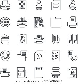 Thin Line Icon Set - passport vector, stamp, office binder, notepad, document, reload, printer, receipt, folder, paper clip, news, search, checklist, copier, estate