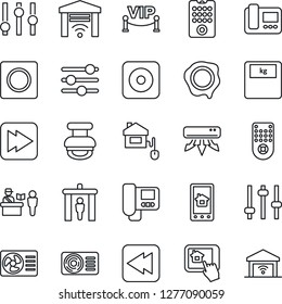 Thin Line Icon Set - passport control vector, security gate, stamp, scales, settings, remote, fast forward, rewind, rec button, tuning, record, air conditioner, vip zone, home, intercome, app