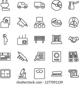 Thin Line Icon Set - passport vector, handshake, office binder, document search, abacus, bench, microscope, scales, pregnancy, client, car delivery, calendar, pie graph, stapler, mail, plan, estate