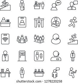 Thin Line Icon Set - passport control vector, security gate, elevator, medical room, manager, speaking man, team, run, support, client, speaker, identity card, desk, meeting, career ladder, waiter