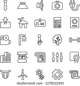 Thin Line Icon Set - passport vector, identity, calculator, pennant, tree, well, barbell, package, camera, speaker, settings, video, sertificate, office building, tie, eco house, power plug, gear
