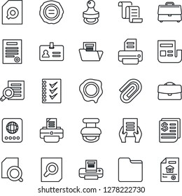 Thin Line Icon Set - passport vector, identity, contract, document search, stamp, printer, receipt, folder, case, paper clip, news, checklist, estate