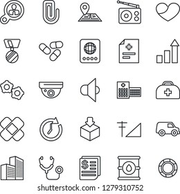 Thin Line Icon Set - passport vector, gear, growth statistic, medal, doctor case, diagnosis, stethoscope, pills, patch, hospital, navigation, receipt, package, oil barrel, radio, speaker, heart, car
