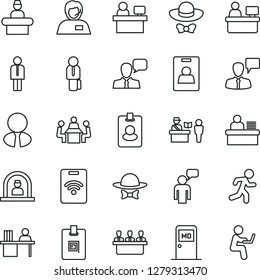 Thin Line Icon Set - passport control vector, reception, medical room, manager, speaking man, place, run, support, speaker, identity card, desk, meeting, estate agent, dress code, pass