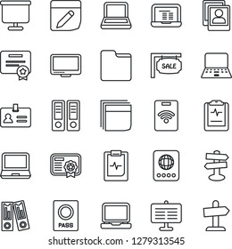 Thin Line Icon Set - passport vector, identity, office binder, notebook pc, pulse clipboard, signpost, monitor, laptop, folder, notes, photo gallery, presentation board, blank box, sale, pass card