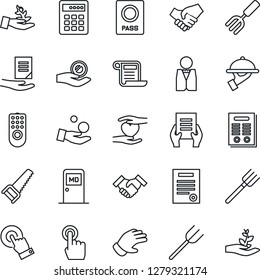 Thin Line Icon Set - passport vector, medical room, document, garden fork, farm, glove, saw, heart hand, touch screen, handshake, contract, waiter, remote control, combination lock, palm sproute