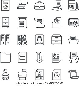 Thin Line Icon Set - passport vector, office binder, document, reload, contract, receipt, news, folder, paper clip, search, tray, archive box, copier, stamp, estate, case, certificate