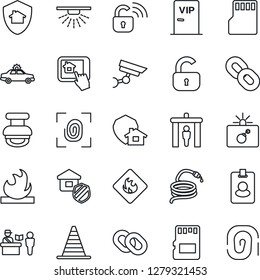 Thin Line Icon Set - passport control vector, security gate, alarm car, bomb in case, border cone, hose, flammable, chain, sd, stamp, lock, estate insurance, vip zone, fingerprint, wireless, protect