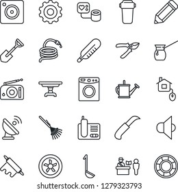 Thin Line Icon Set - passport control vector, gear, pencil, shovel, rake, watering can, pruner, hose, garden knife, blood pressure, thermometer, satellite antenna, radio, speaker, phone, table, home