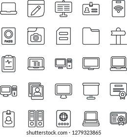 Thin Line Icon Set - passport vector, identity, office binder, notebook pc, document, pulse clipboard, signpost, monitor, laptop, folder, notes, photo gallery, presentation board, pass card