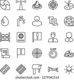 Thin Line Icon Set - passport vector, bed, luggage storage, contract, water drop, pond, pills blister, patient, important flag, reel, antenna, application, target, supply, estate agent, alarm led