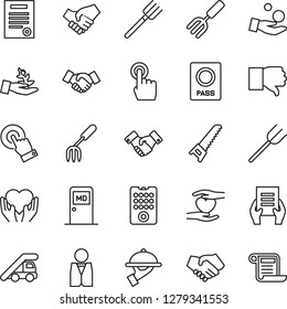 Thin Line Icon Set - passport vector, ladder car, medical room, handshake, document, garden fork, farm, saw, heart hand, touch screen, finger down, contract, waiter, remote control, palm sproute
