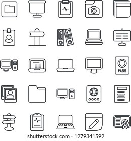 Thin Line Icon Set - passport vector, office binder, notebook pc, document, pulse clipboard, signpost, monitor, folder, notes, photo gallery, presentation board, blank box, pass card, certificate