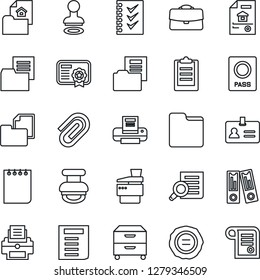 Thin Line Icon Set - passport vector, identity, stamp, office binder, document search, notepad, folder, clipboard, case, paper clip, checklist, printer, archive box, copier, estate, certificate