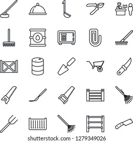 Thin Line Icon Set - passport control vector, safe, trowel, farm fork, rake, wheelbarrow, pruner, saw, hoe, garden knife, scalpel, cargo container, oil barrel, rack, paper clip, dish, ladle
