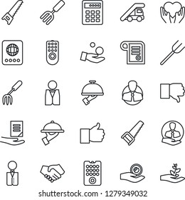 Thin Line Icon Set - passport vector, ladder car, document, garden fork, farm, saw, heart hand, client, finger up, down, waiter, remote control, combination lock, handshake, investment, contract